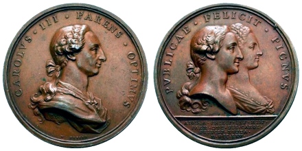 Carlos III - Medalla conmemorativa de la boda del principe de Asturias, el futuro Carlos IV y María Luisa de Borbón-Parma en 1765, obra de Tomás Francisco Prieto